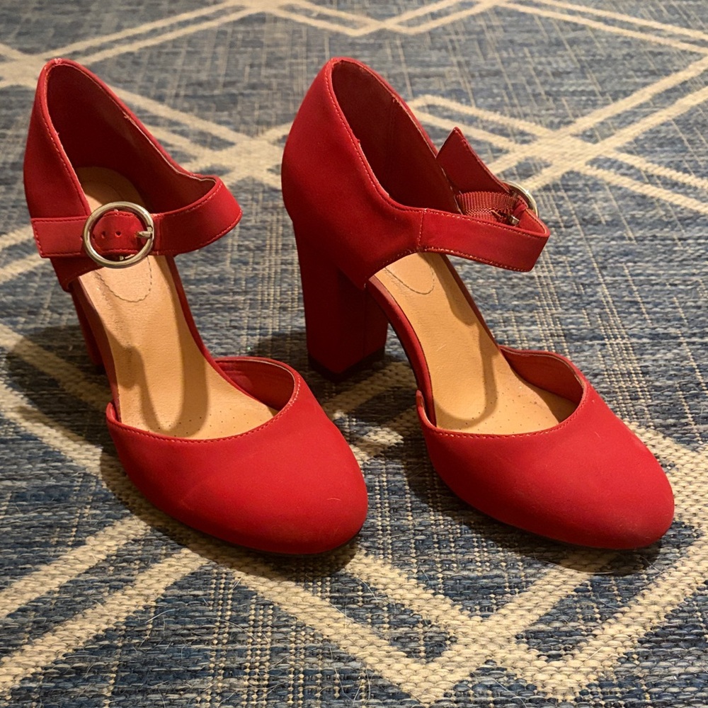 Red Suede Mary Jane Block Heels with Ankle Strap